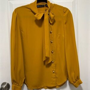 New York & Company Golden Blouse with Bow-Tie